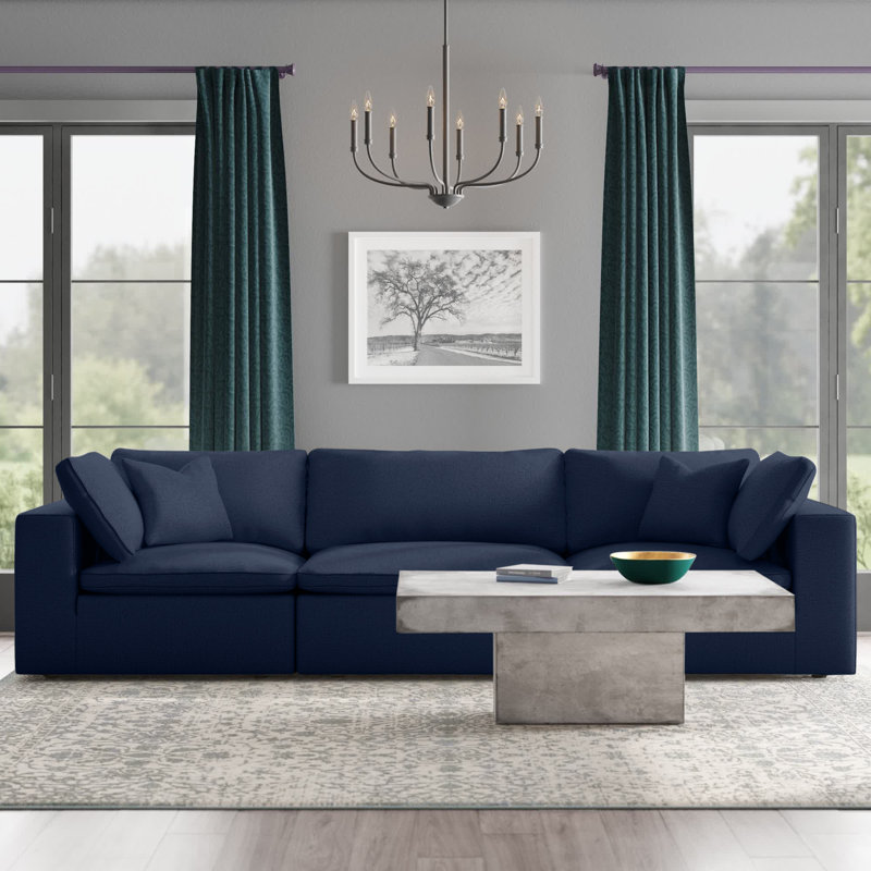 Canapé modulaire à accoudoirs carrés en lin avec coussins réversibles 119 po Burrows, Tissu texturé en lin bleu marine