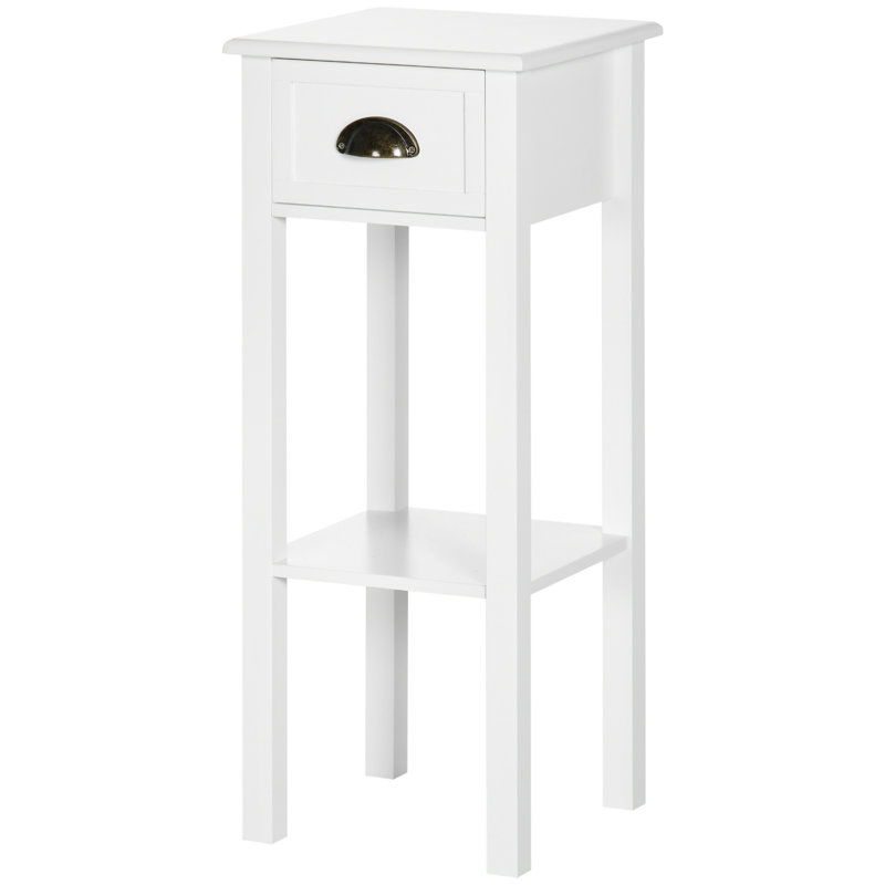 Homcom 2-tier Side Table With Drawer And Bottom Shelf: Narrow End Table For Living Room Or Bedroom, White Finish
