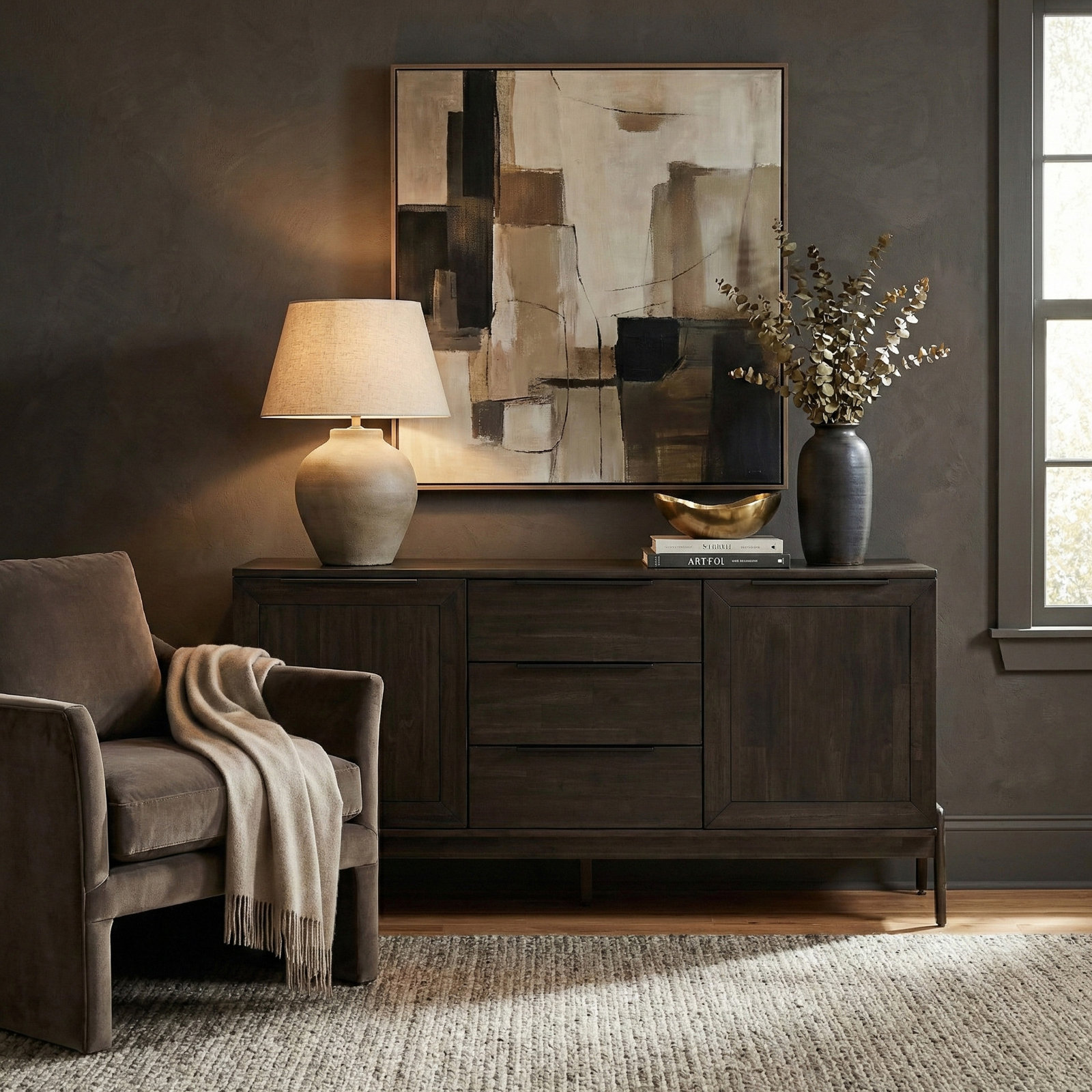 Vanfleet 63" 3-Drawer Acacia Wood Sideboard, Black