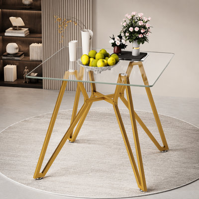 35.4-inch square tempered glass dining table, suitable for 2-4 people, space-saving small kitchen dining table, equipped with sturdy metal table legs,suitable for dining room, living room,Gold