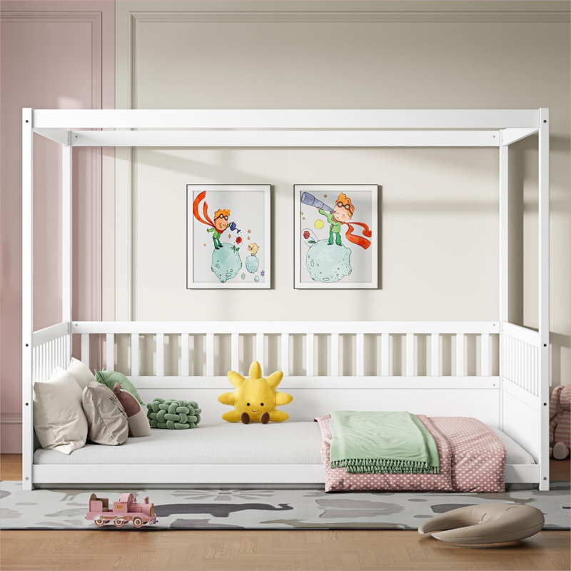 Lit plateforme à baldaquin pleine grandeur en bois de pin massif avec finition blanche pour chambre d'enfant, White