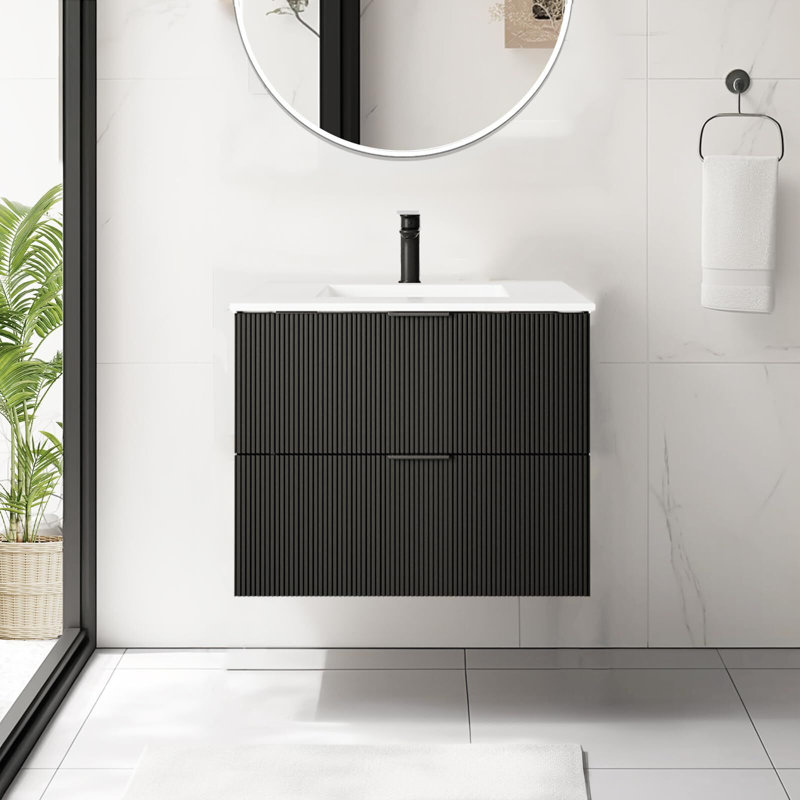 Bathroom Vanity Cabinet with Sink Black Wall Mounted Bathroom Vanities with Ceramic Sink Floating Fluted Sink Vanity with Drawers,Modern