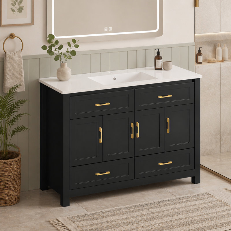 Ensemble de meuble-lavabo noir 48 po avec lavabo en résine, armoire de rangement abondante - 4 portes à fermeture douce et 4 tiroirs
