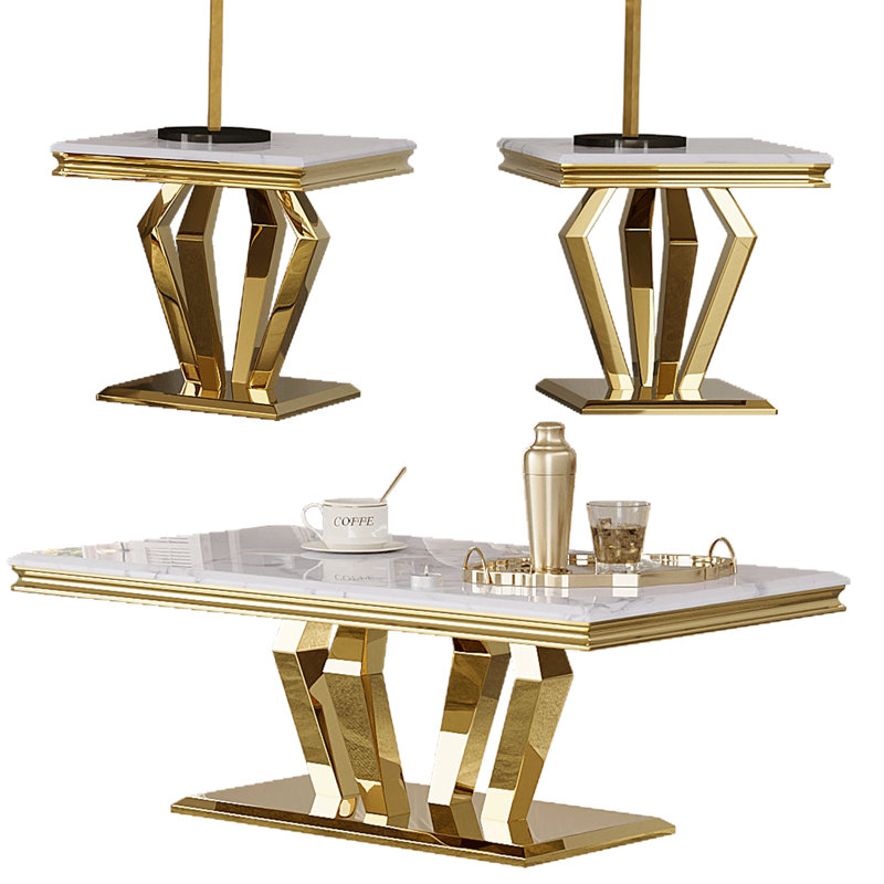 Modern White Marble Coffee Table Set with Gold Diamond-Shaped Base
