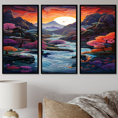 Colourful Chinese Mountain River Full Moon - Lake House Wall Art Print Set