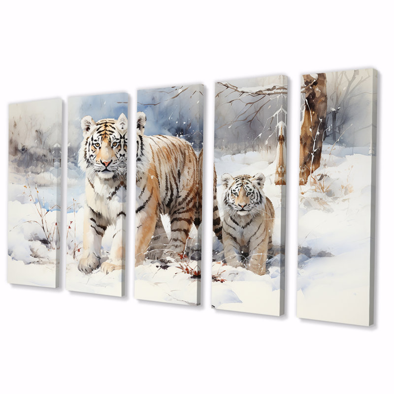Ensemble de 5 tigres blancs jouant dans la neige III - Tigre, art mural, H 32 po x l 80 po