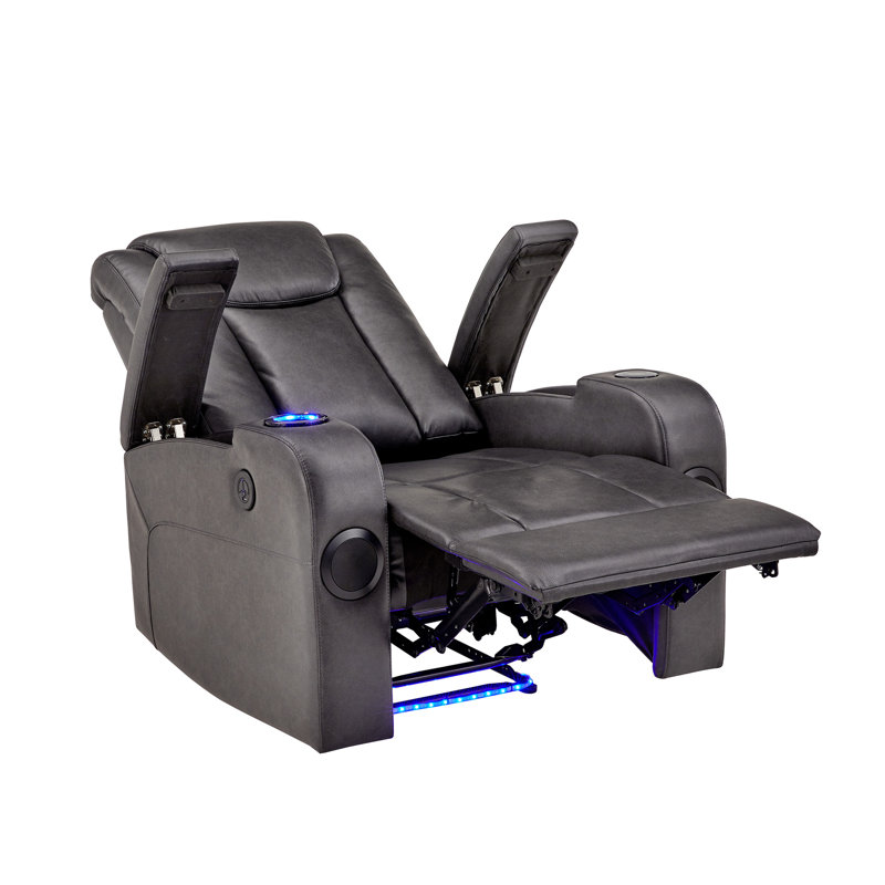 Sharaya Gray Vegan Leather LED Power Recliner With Speaker, Storage, USB And Wireless Charger