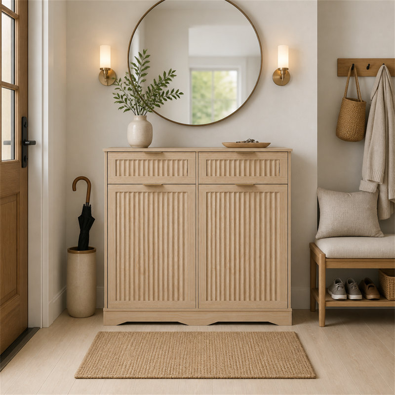 Armoire à double poubelle inclinable pour 2 bacs de 10 gallons, armoire de rangement à cannelures de ferme avec 2 tiroirs et crochets, armoire de cuisine autoportante (ne comprend pas la poubelle) 