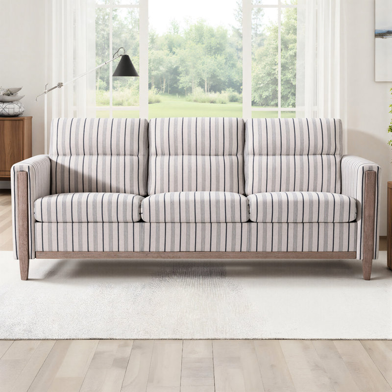 Canapé trois places en bois massif, rayures bleues et blanches, coussins moelleux, mousse haute résilience, coton PP, pieds en caoutchouc importé, 202 cm (79,5 po), meuble d'appoint confortable en bois rayé, transformable.