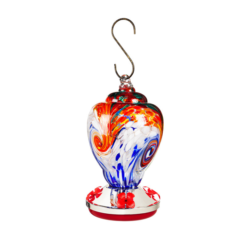 Multi-Colored Swirled Glass and Metal Hummingbird Feeder
