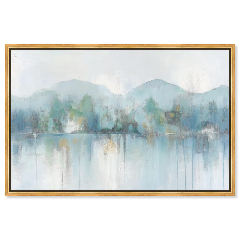 Toile réfléchissante «Blue Calm II» par Art Remedy, Cadre flottant doré, H 21,5 po x l 31,5 po x P 1,2 po