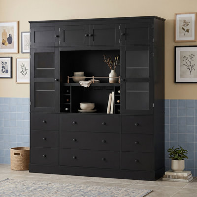 Farmhouse Freestanding Kitchen Pantry Cabinet with 9 Drawers, Wine Racks, Glass Doors and Adjustable Shelves