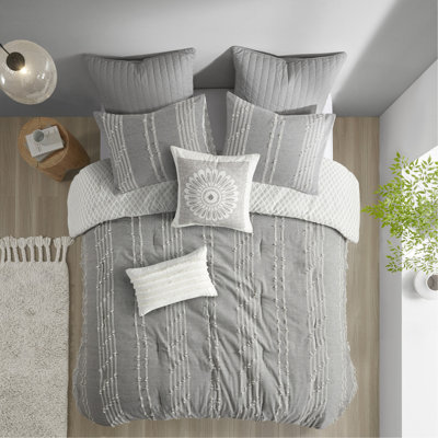Ensemble d'édredon en jacquard de coton 3 pièces gris double / grand