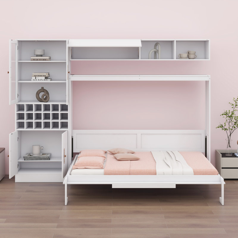 Lit escamotable mural avec canapé, tablettes USB et lumière Murphy, Double, Blanc