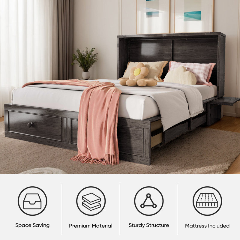  Murphy Cabinet Bed,multi-functional Cube, Usb Charging Station,solid Wood Mobile Wall Bed Chest With Storage Drawers For Bedroom Office