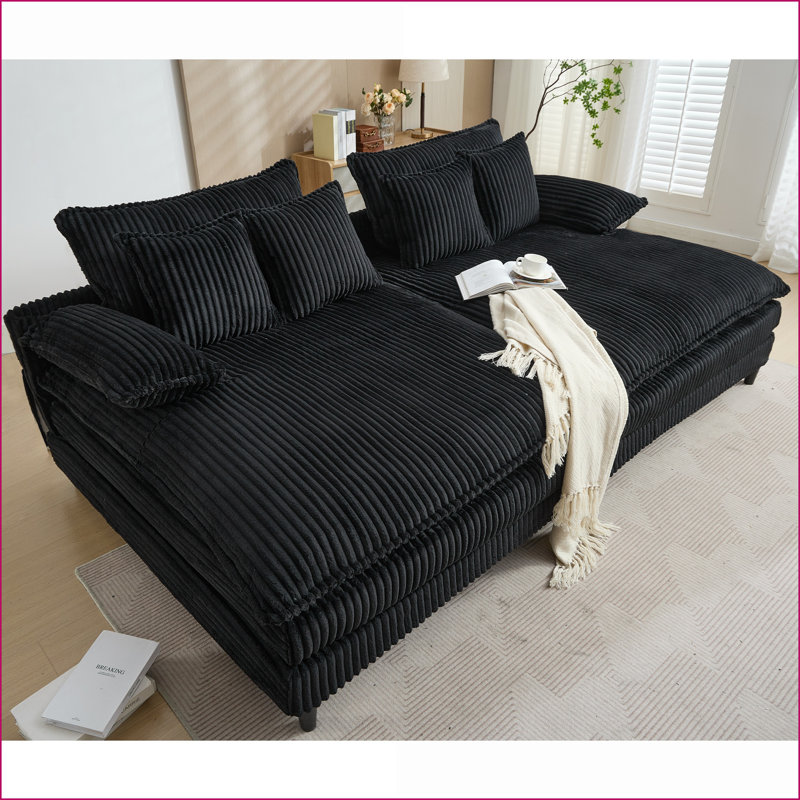Chaise longue double surdimensionnée de 109 po | Canapé-lit en velours côtelé avec 4 engrenages réglables et 4 coussins | Noir | Cadre en bois massif