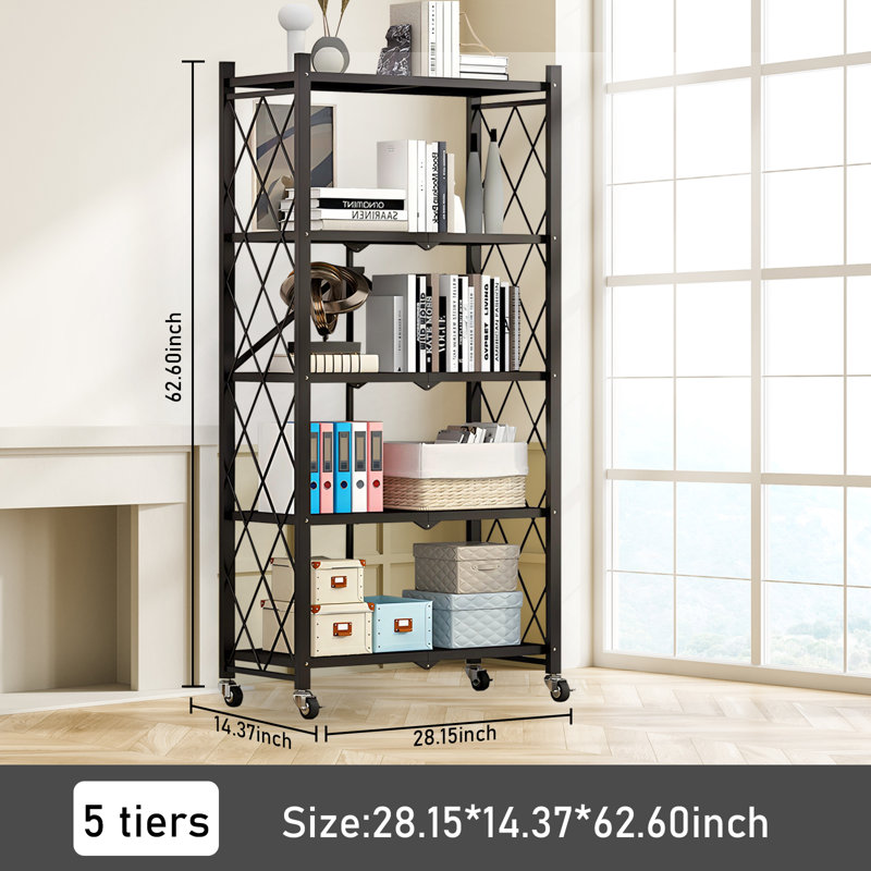 Foldable Storage Shelves 5-tier Metal Rack With Swivel Wheels For Home, Kitchen