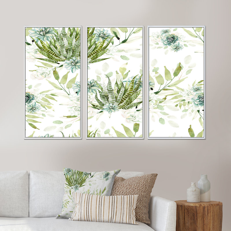 Cactus et plantes grasses sur fond blanc, ensemble de 3 toiles encadrées, H 28 po x l 36 po x P 1 po, Blanc