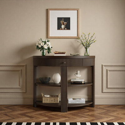 Console cannelée demi-lune avec tiroir et 2 tablettes pour le hall d'entrée, le salon et le couloir