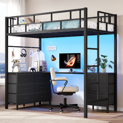 Lit mezzanine simple avec bureau en forme de L et 9 tiroirs de rangement, lit mezzanine en métal avec lumières à DEL et station de charge, barrière de sécurité et échelle de 13 po de hauteur, aucun sommier nécessaire, noir
