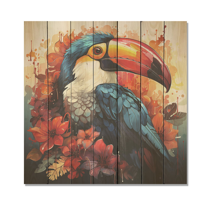 Toucans tropicaux bleus et rouges - animal toucan sur bois, H 15 po x l 15 po