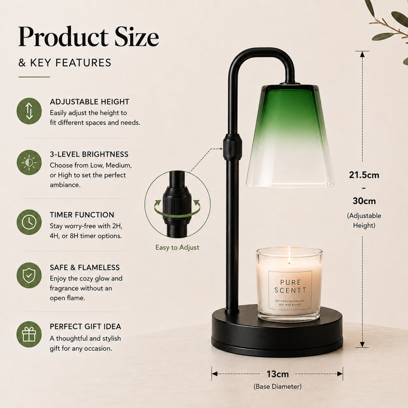 Lampe chauffe-bougie avec minuterie et variateur, brûleur à cire pour bougies parfumées en pot, cadeau de pendaison de crémaillère pour femme, hauteur réglable, chambre, cuisine, bureau, décoration esthétique (vert dégradé)