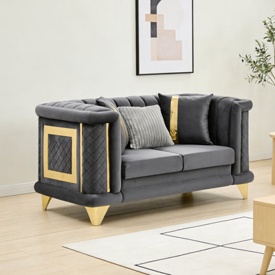 69" Luxury Velvet Loveseat With Gold Trim & Embroidery, Mid-Century Victorian Tufted Sofa (Gray) With Pillows