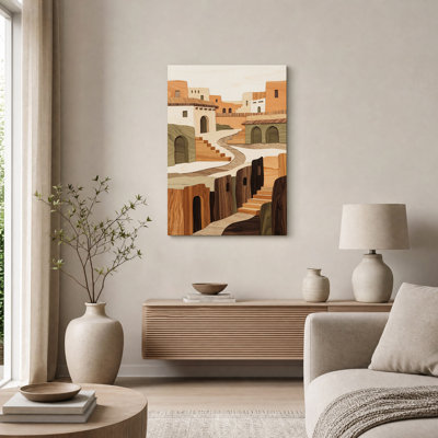 Tableau sur toile représentant des bâtiments en bois superposés aux tons naturels