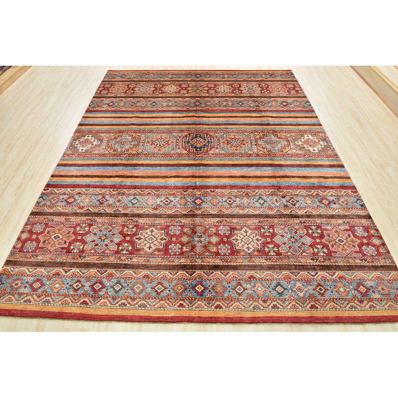 Tapis rouge en laine noué à la main de conception unique 8 pi 4 po x 9 pi 8 po Gabrille