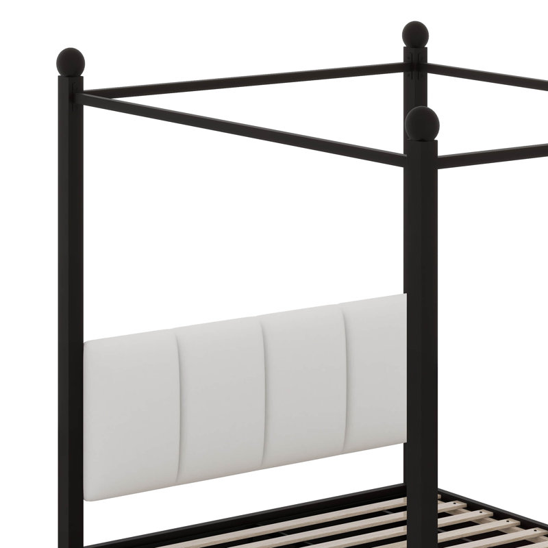Lit plateforme à baldaquin avec tête de lit tapissier et structure en métal, Grand lit, Noir