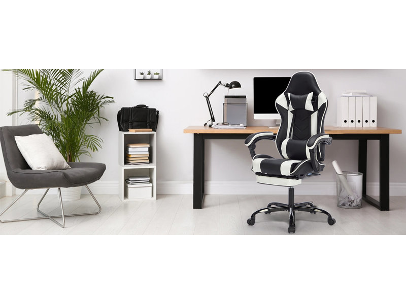 Ergonomic Gaming Chair With Footrest, Lumbar Support, And Adjustable Height - Black/White, Black/White