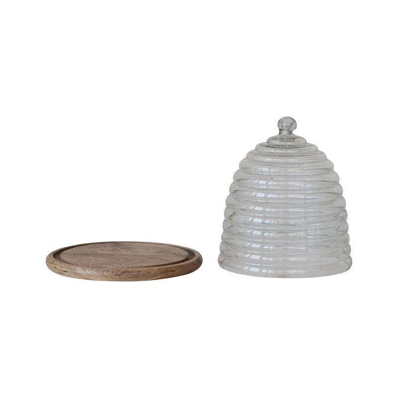 Reclaimed Etched Glass Beehive Shaped Cloche With Mango Wood Base