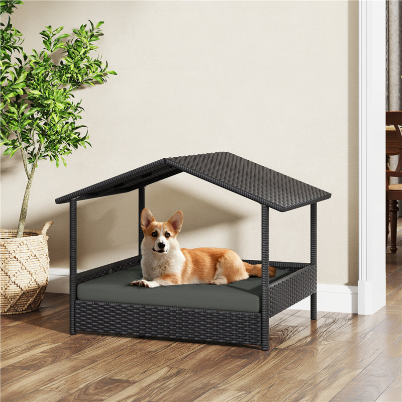 Niche pour chien d'extérieur en rotin avec auvent et coussin en mousse, Noir/gris
