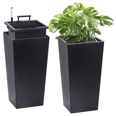 22"Tall Planter Set Of 2, Outdoor＆Indoor Black Planter Pots, High Front Porch Planter Pots With Drainage Holes＆Water Level Monitor＆Inner Bucket, Automatic Watering, Black