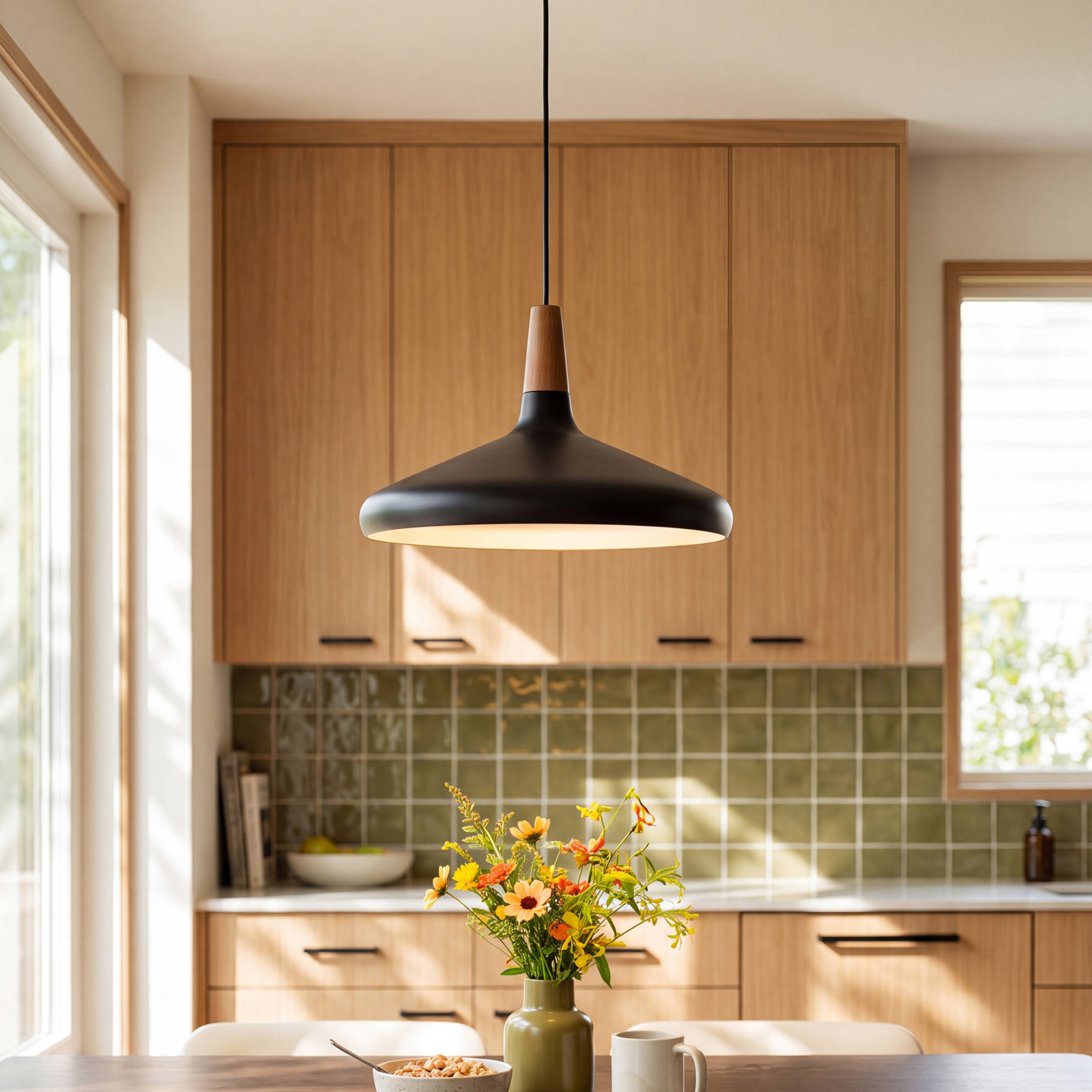 Drew Dimmable Cone Single Light Pendant, Walnut/Black, 9" H x 15.25" W x 15.25" D