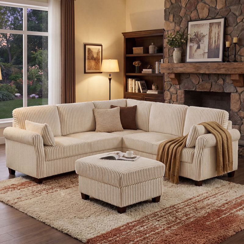 90.55’’ Upholstered Sofa With Storage Ottoman, Beige  Polyester