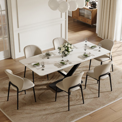 63'' Luxurious Modern Dining Table for 4 People, Dining Table Sintered Stone Tabletop with Black Carbon Steel Base Pre-Assembly