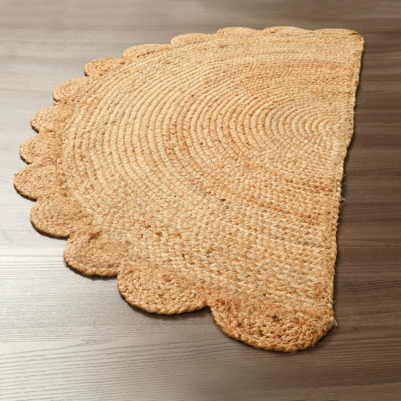Half Hand-Woven Jute Rug - Braided Scalloped Border | 22x42" Natural | Living Room/Kitchen Decor
