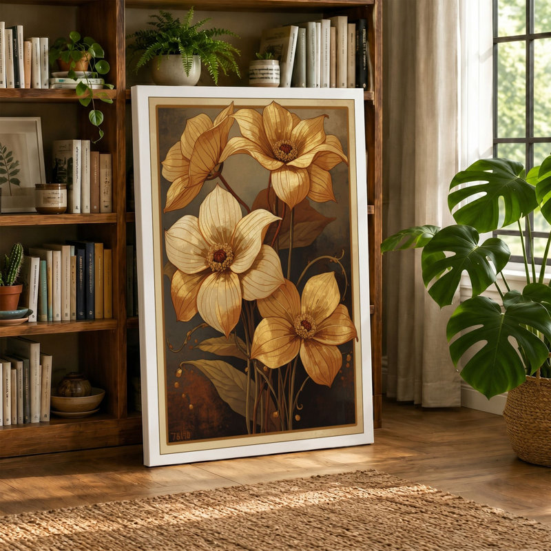 Golden Cosmos Blooms Botanical - Wrapped Canvas, 30x20 - 76.2 x 50.8 cm, Terracotta Border