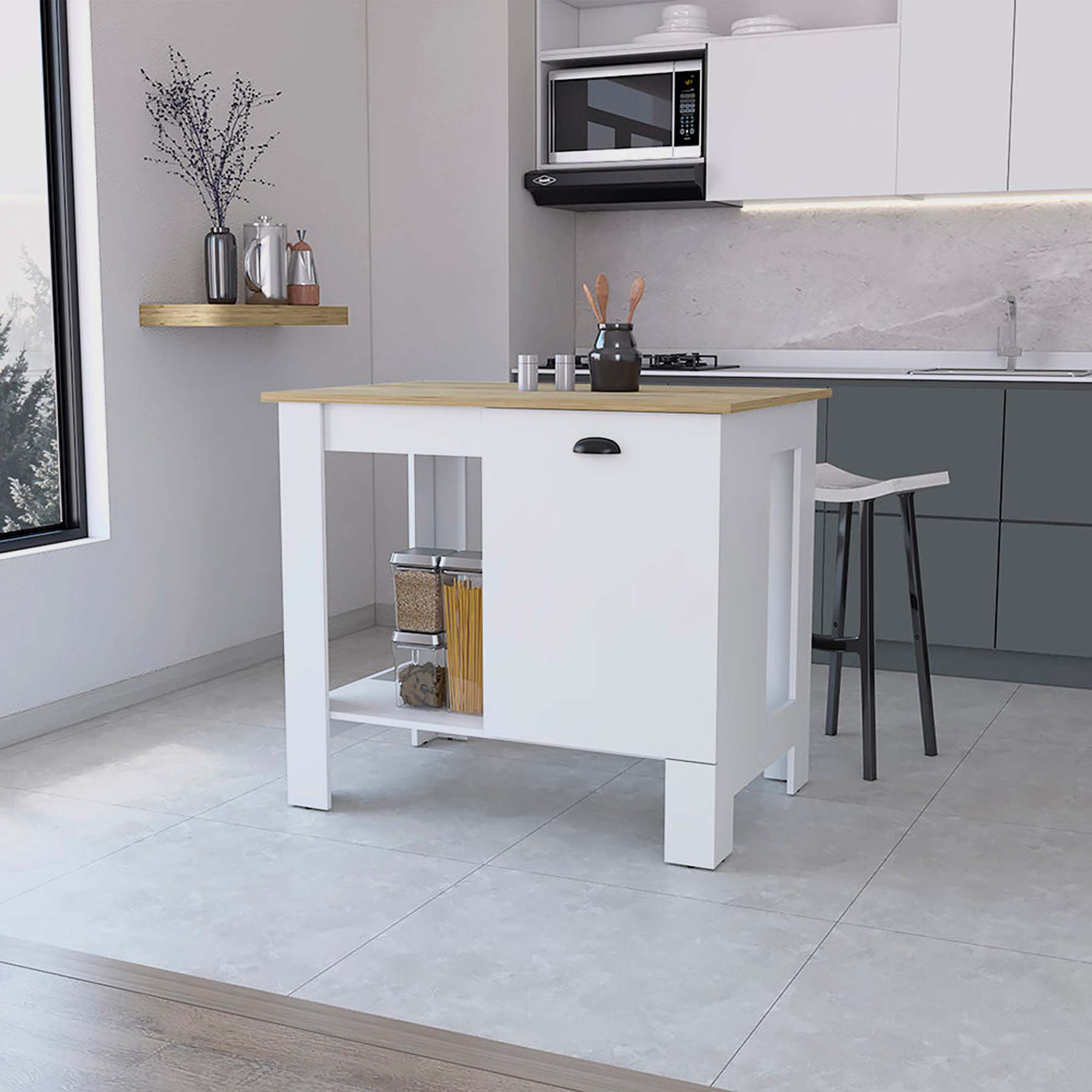 Latitude Run® Vancouver 1-Door Kitchen Island with Open Shelf White and ...