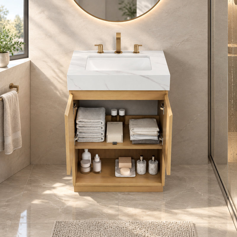 Meuble-lavabo autoportant de 61 cm avec comptoir en pierre frittée et lavabo en céramique