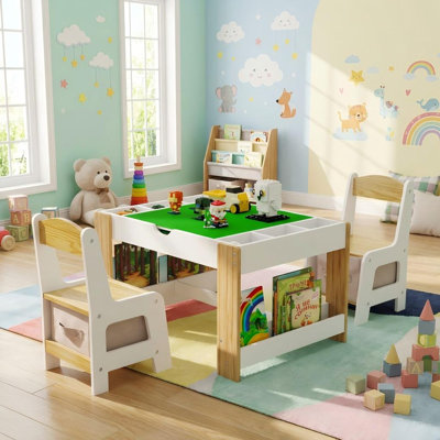 CPC Certified 3-Piece Kids Multifunctional Activity Table & 2 Chairs Set, 7 Storage Compartments, Compatible with Building Blocks, White Modern Play & Learning Furniture
