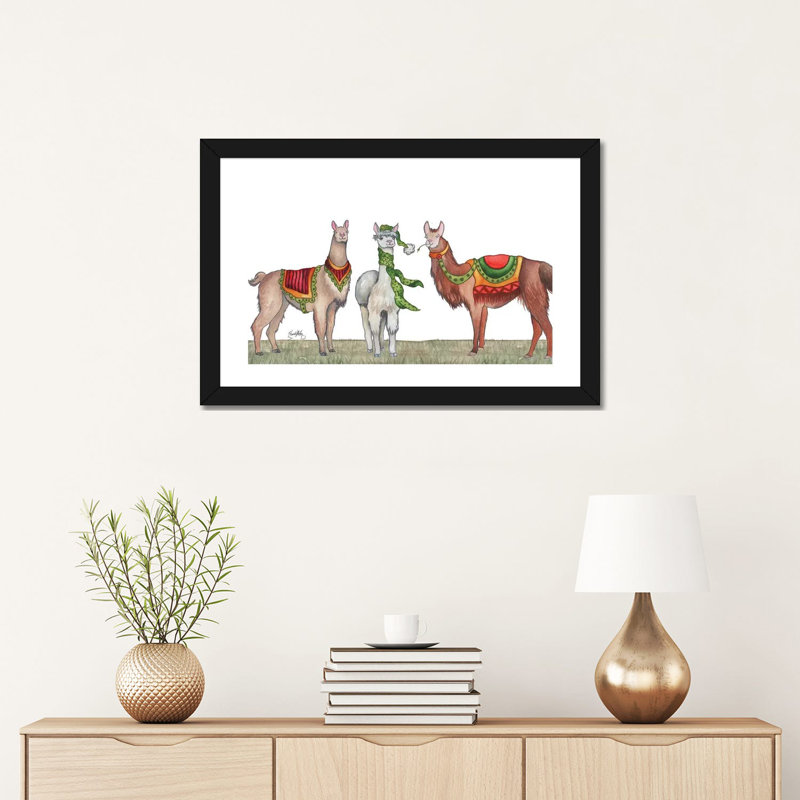 «Christmas Llamas» par Elizabeth Medley - reproduction d'art, Papier encadré noir, Blanc, H 16 po x l 24 po x P 1 po