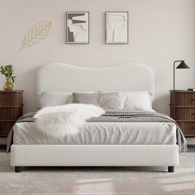 Bed Frame with Upholstered Headboard, Low Profile Sturdy Platform Bed with Soft Boucle Fabric, Queen