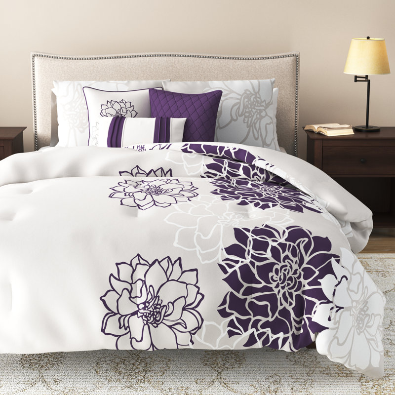 Ensemble d'édredon 100% coton 7 pièces Lola, Édredon de grande taille et 6 pièces supplément, Mauve