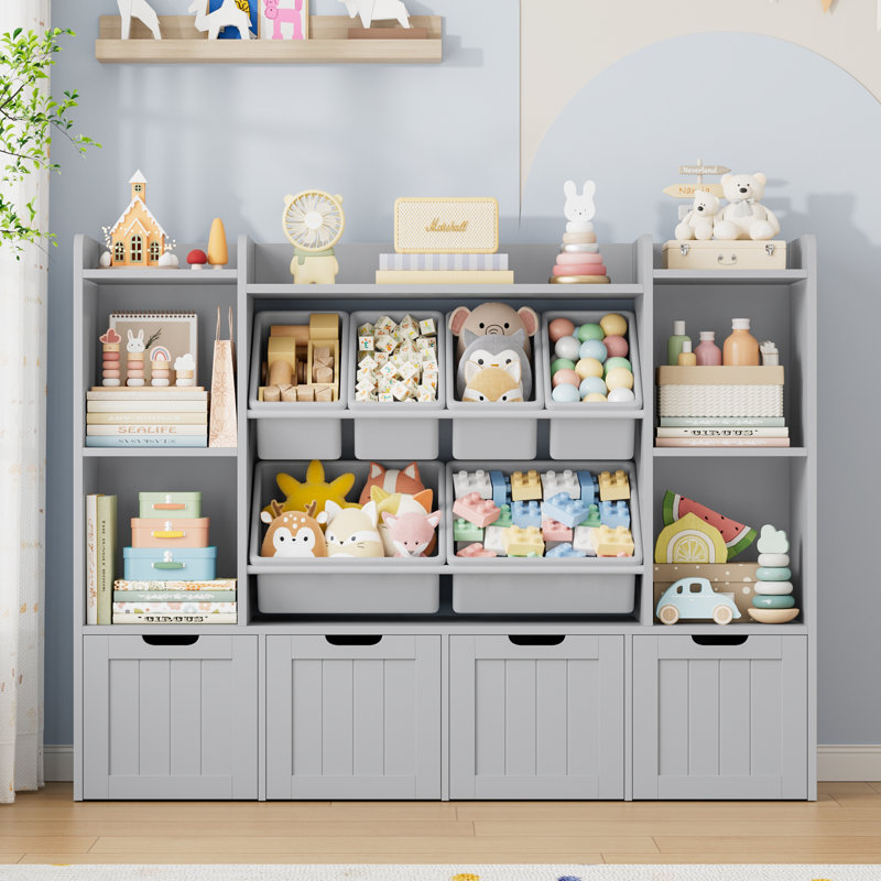 Bibliothèque pour enfants 55,1 "avec 4 tiroirs amovibles, organisateur cubique, gris, Gris
