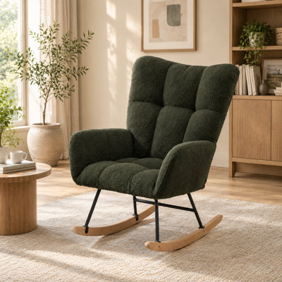 Teddy Fabric Wingback Glider Rocker with Side Storage Pocket, Soft Comfy Nursing Rocking Chair, Sturdy Safe Solid Wood Base, Multiuse Accent Chair for Nursery & Living Room, Dark Green
