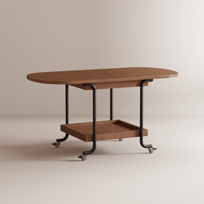 47.2" Convertible Drop-Leaf Expandable Coffee Table with Curved Metal Locking Caster Base in  Fir Core Wood |  Double-Tier Storage Rolling Center Table for Small Apartment & Living Room