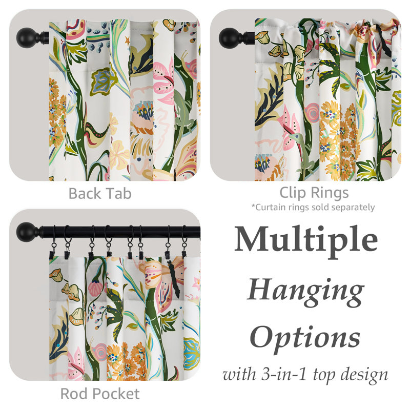 Floral Patterned Curtains Mid Century Botanical Drapes,Room Darkening Curtain,Rod Pocket Back Tab Floral Drapes,Set of 2