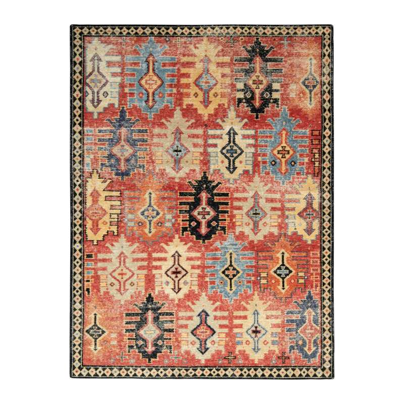 Distressed Homage Hand Knotted Wool Geometric Area Rug in Red, Black, Yellow, Blue, Orange, Rectangle 13' x 19'